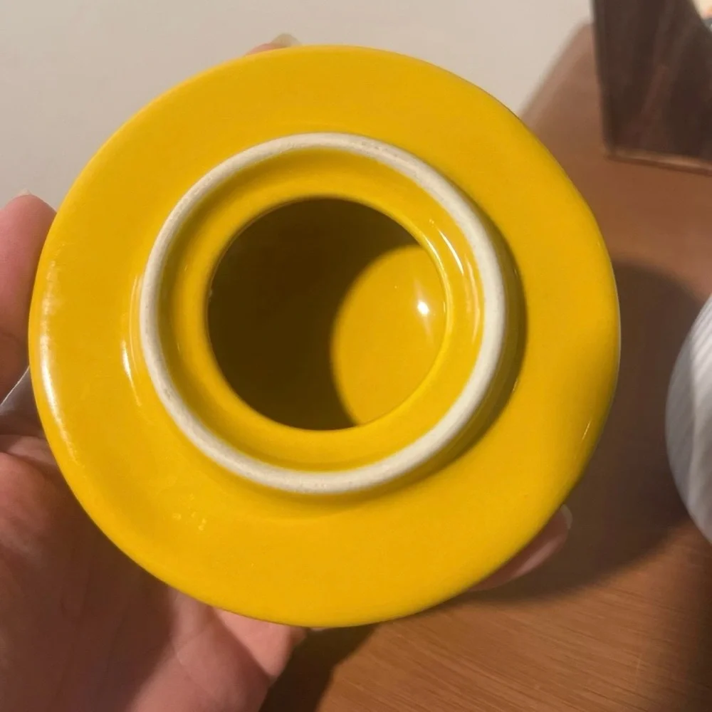 World Market Mushroom Lidded Ceramic Coffee Tea Mug Yellow White Polka Dot NWT